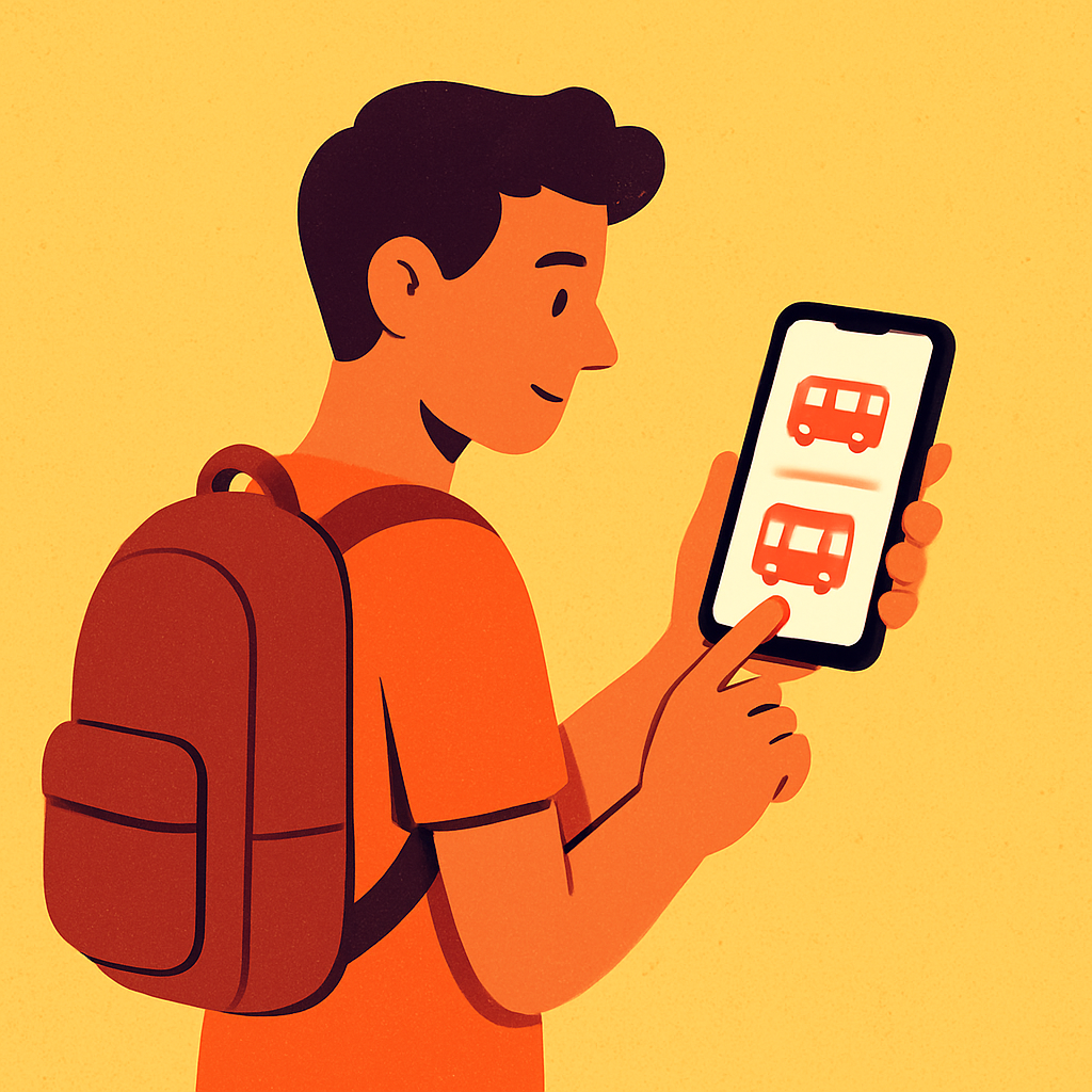 Estudante comparando passagem da Buser e ônibus convencional no celular antes do feriado