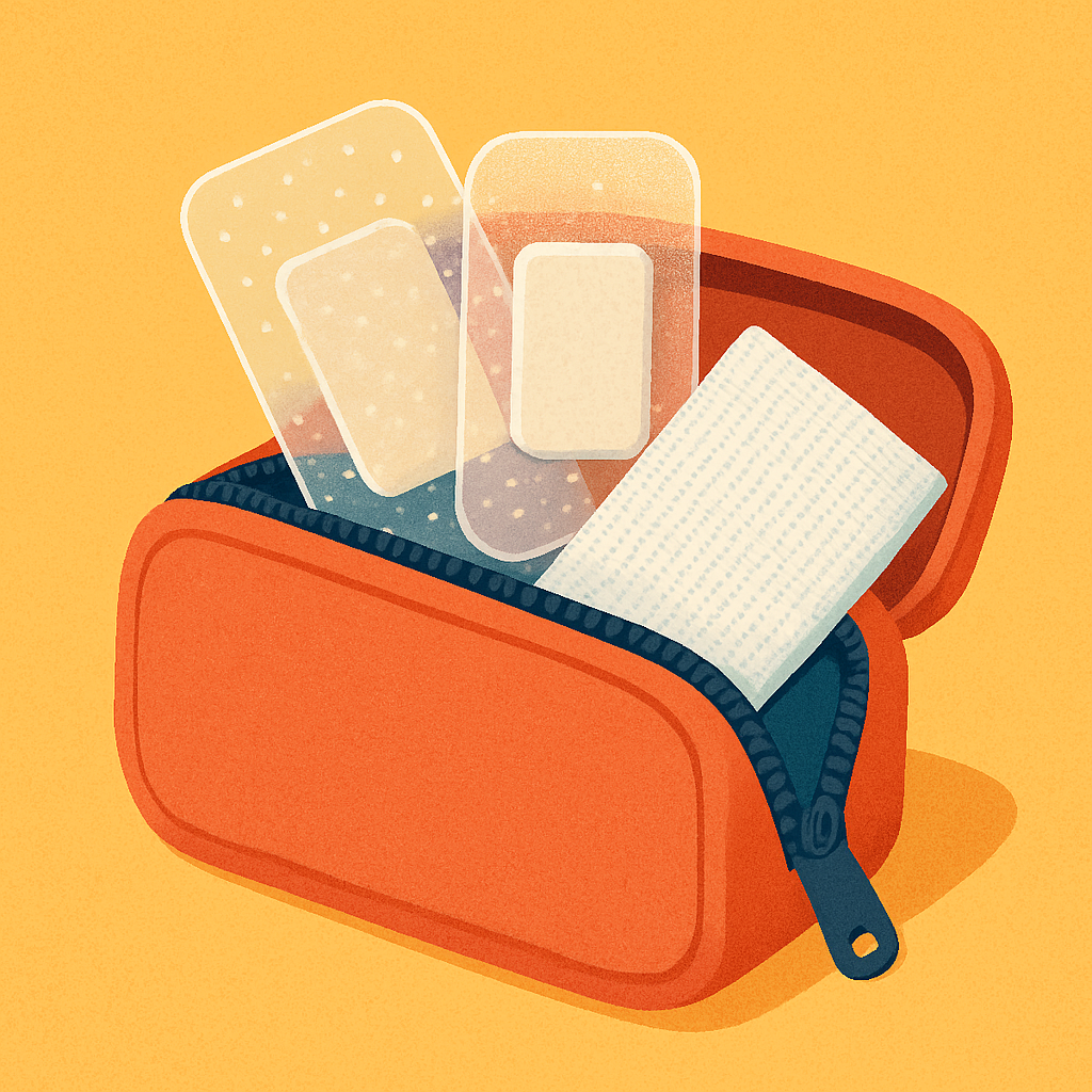 Curativos e gaze estéril em necessaire para mochila de estudante